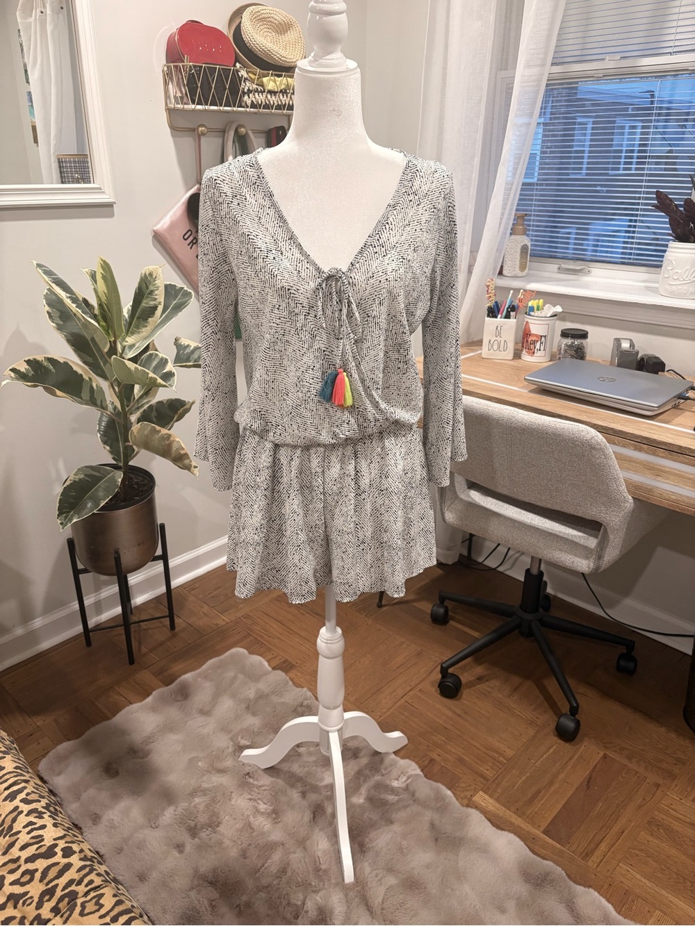 Surf Gypsy Gray Speckled Long-Sleeve Romper with Tassel Tie